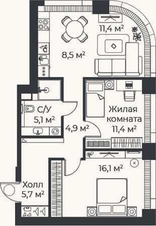 Планировка: 3-к, 63,1 м²