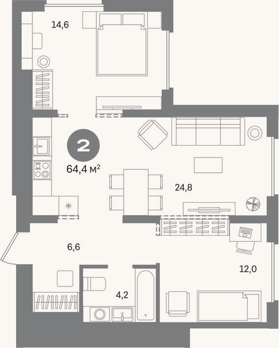 Планировка: 2-к, 64,4 м²