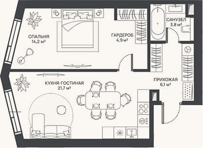 Планировка: 2-к, 50,7 м²