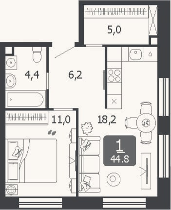 Планировка: 2-к, 44,8 м²