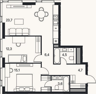 Планировка: 3-к, 70,3 м²