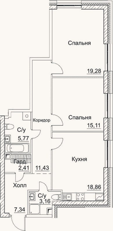 Планировка: 3-к, 83,4 м²