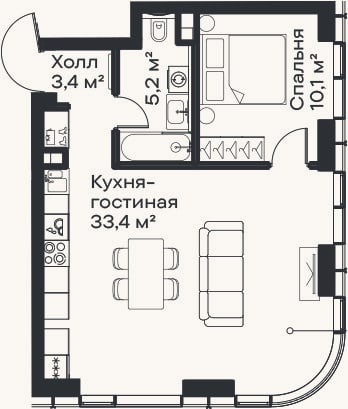 Планировка: 2-к, 52,1 м²