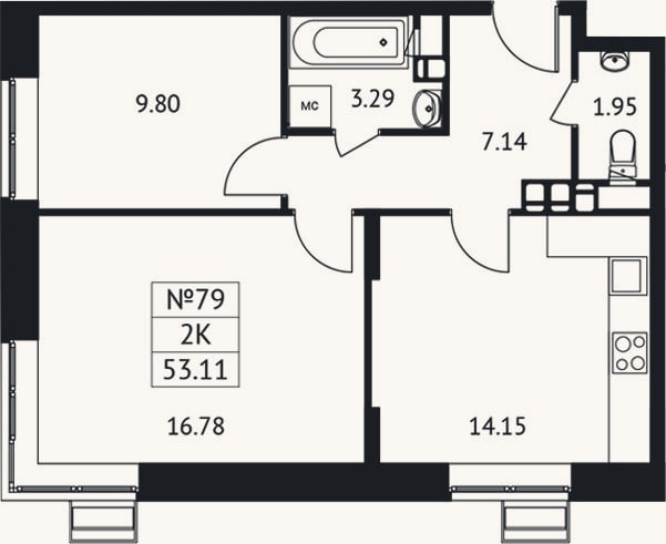 Планировка: 2-к, 53,1 м²