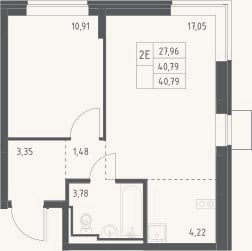 Планировка: 2-к, 40,8 м²
