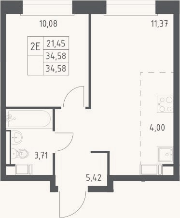 Планировка: 2-к, 34,6 м²