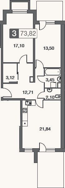 Планировка: 3-к, 73,8 м²