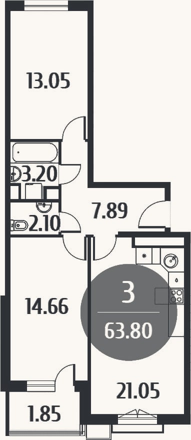 Планировка: 3-к, 61,8 м²