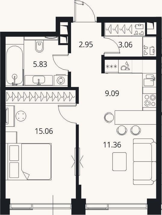Планировка: 2-к, 47,4 м²