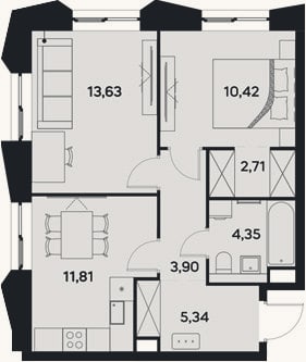Планировка: 2-к, 52,2 м²