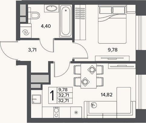Планировка: 1-к, 32,7 м²