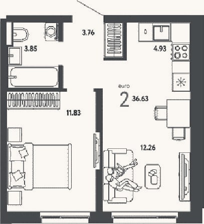 Планировка: 2-к, 36,6 м²