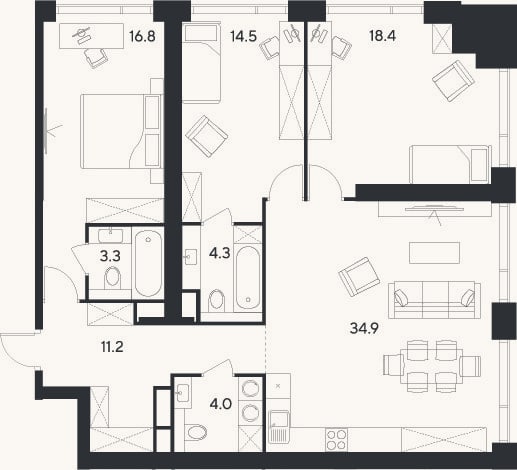 Планировка: 4+ к, 107,4 м²