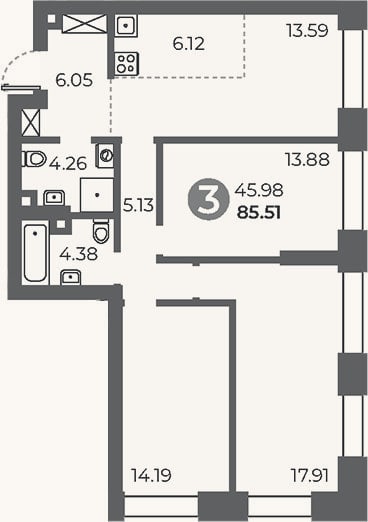 Планировка: 3-к, 85,5 м²