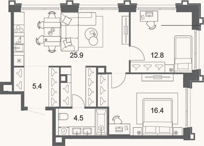 Планировка: 3-к, 65 м²