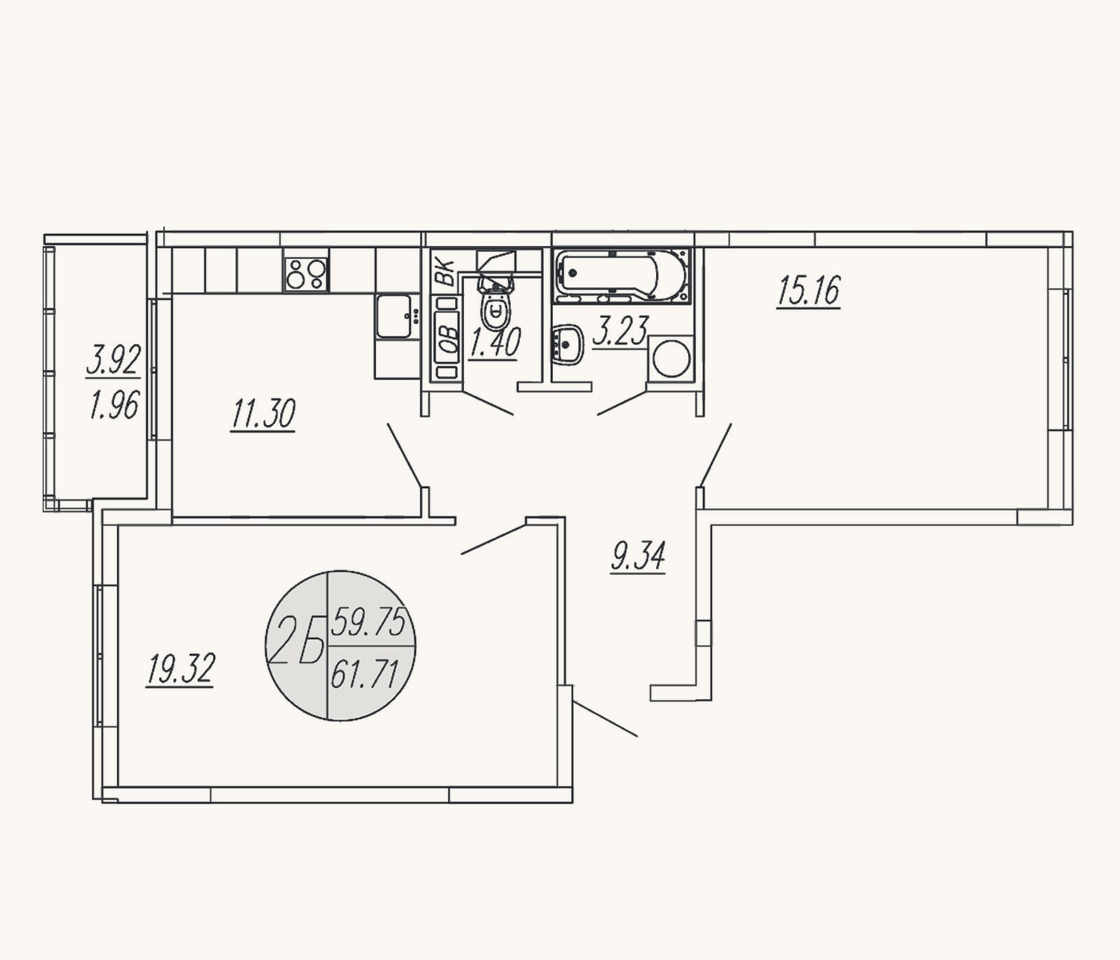 Планировка: 2-к, 59,8 м²
