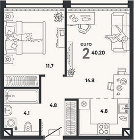 Планировка: 2-к, 40,2 м²