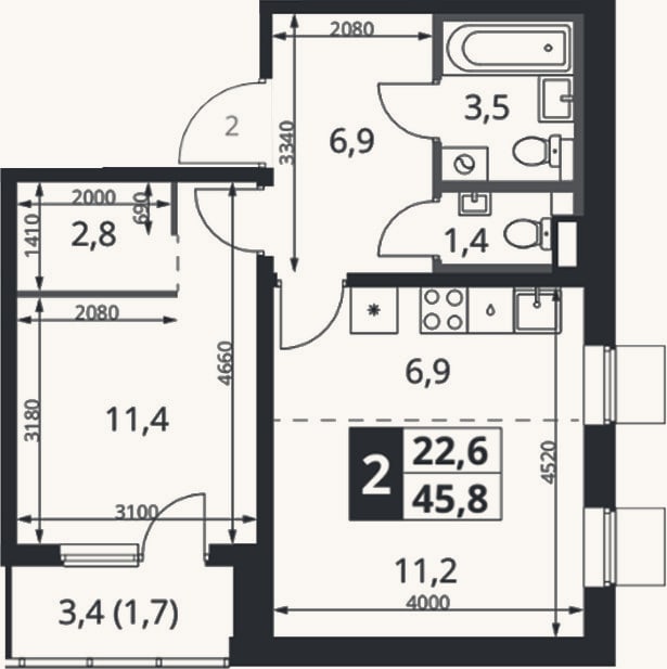Планировка: 2-к, 44,1 м²
