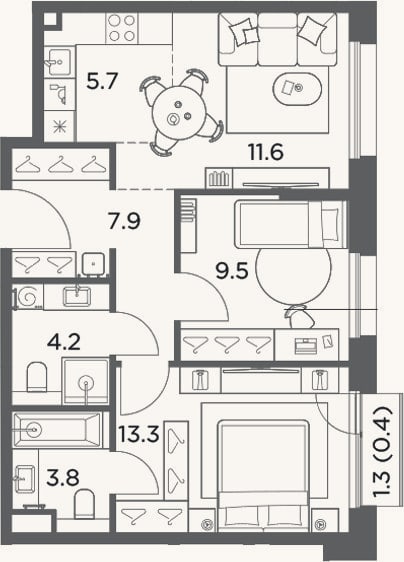 Планировка: 3-к, 56 м²