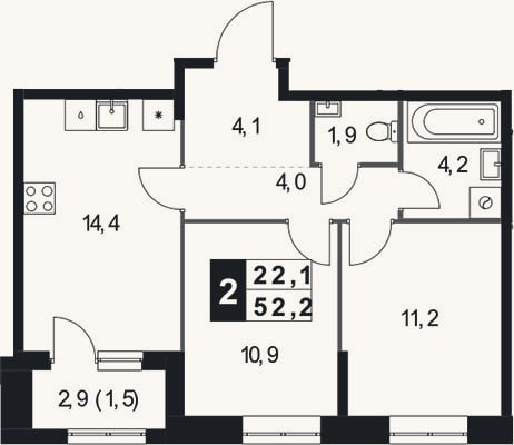 Планировка: 2-к, 50,7 м²