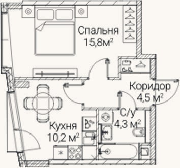 Планировка: 1-к, 34,8 м²