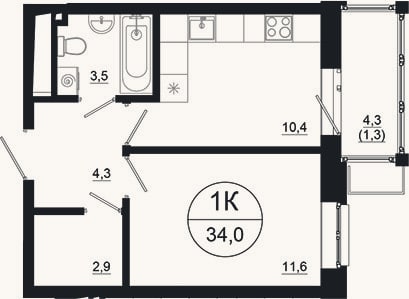 Планировка: 1-к, 32,7 м²