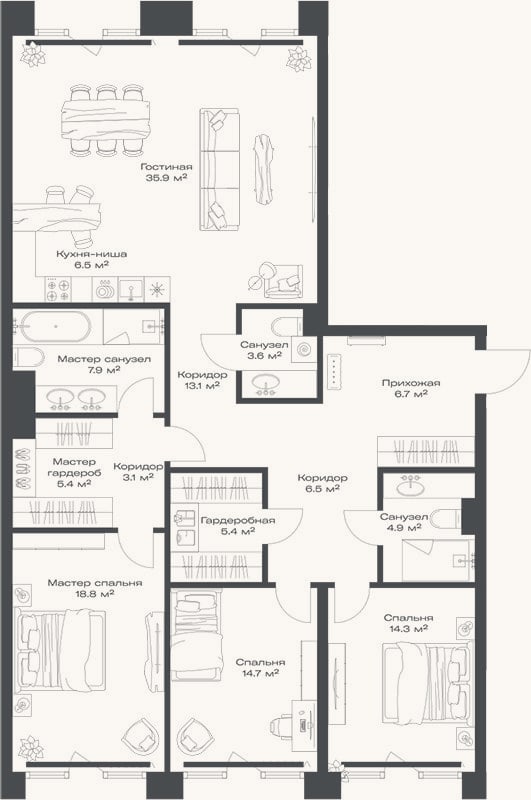 Планировка: 4+ к, 146,8 м²