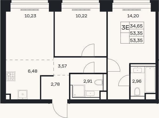 Планировка: 3-к, 53,4 м²