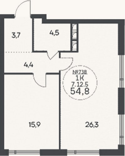 Планировка: 1-к, 54,8 м²