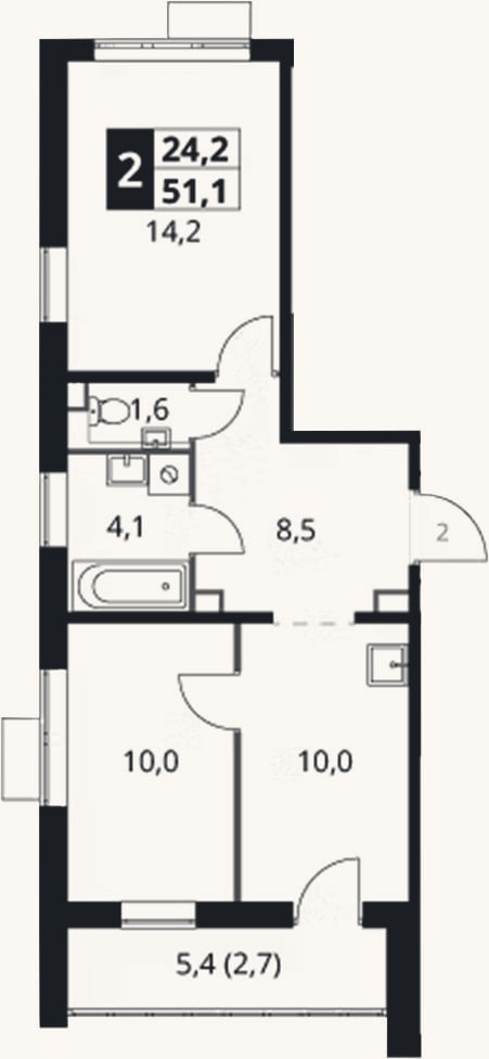 Планировка: 2-к, 48,4 м²
