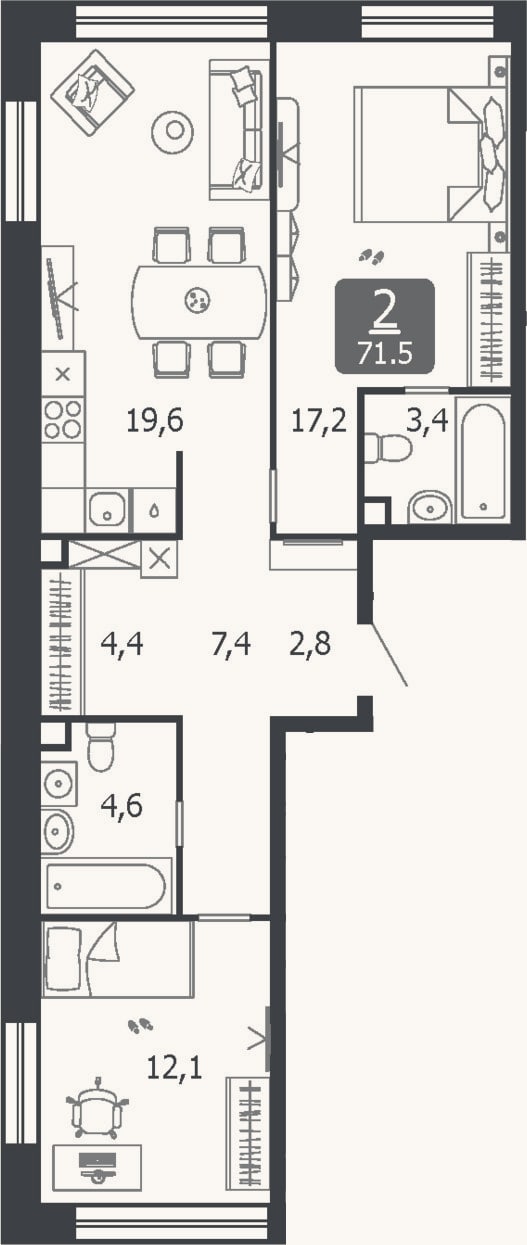 Планировка: 3-к, 71,5 м²