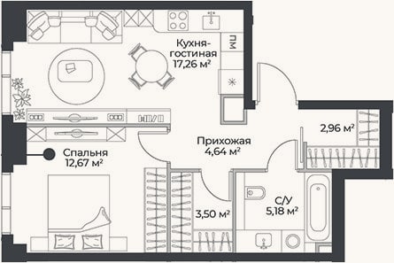 Планировка: 2-к, 46,2 м²