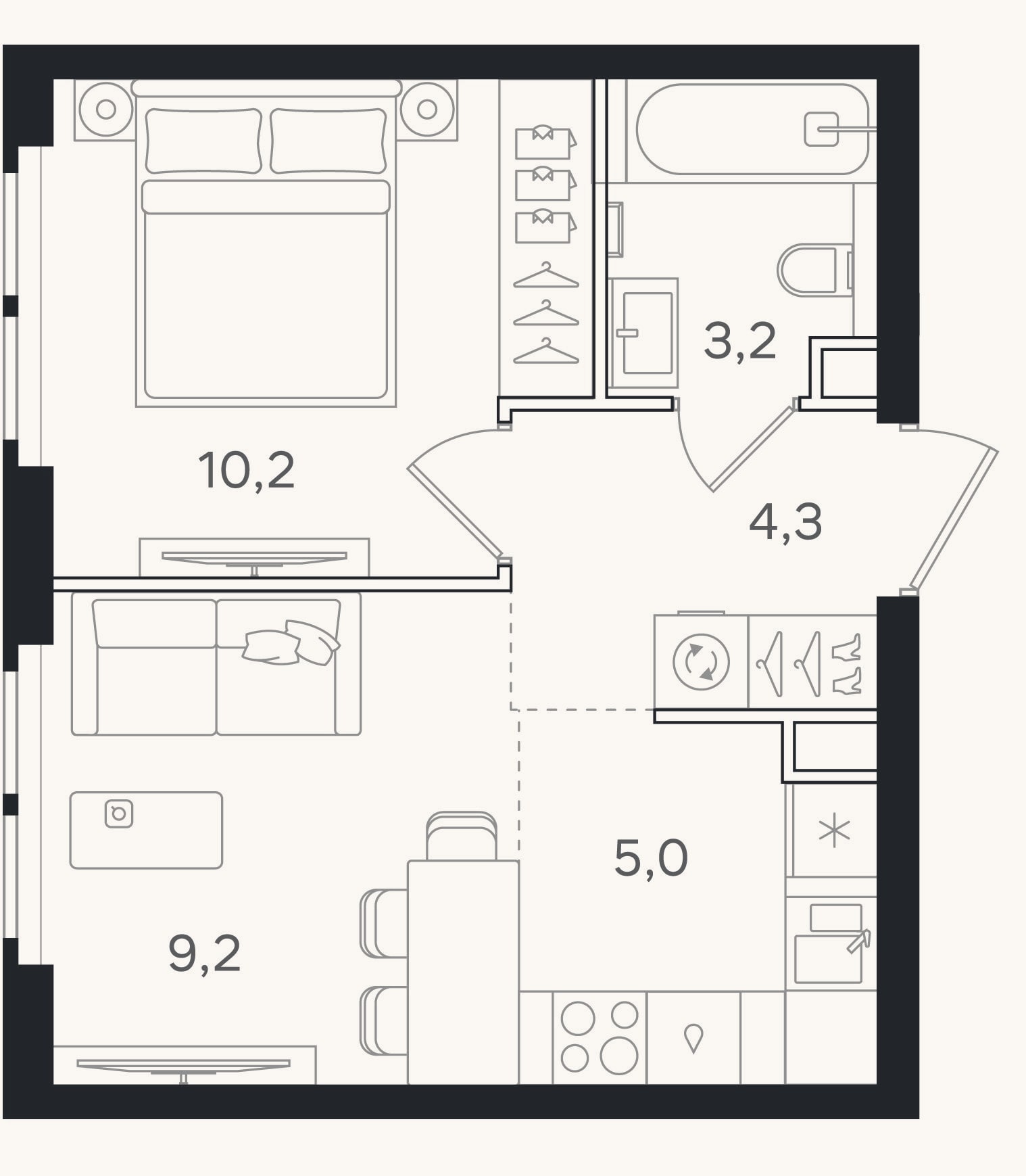 Планировка: 2-к, 31,9 м²