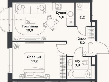 Планировка: 2-к, 39,4 м²