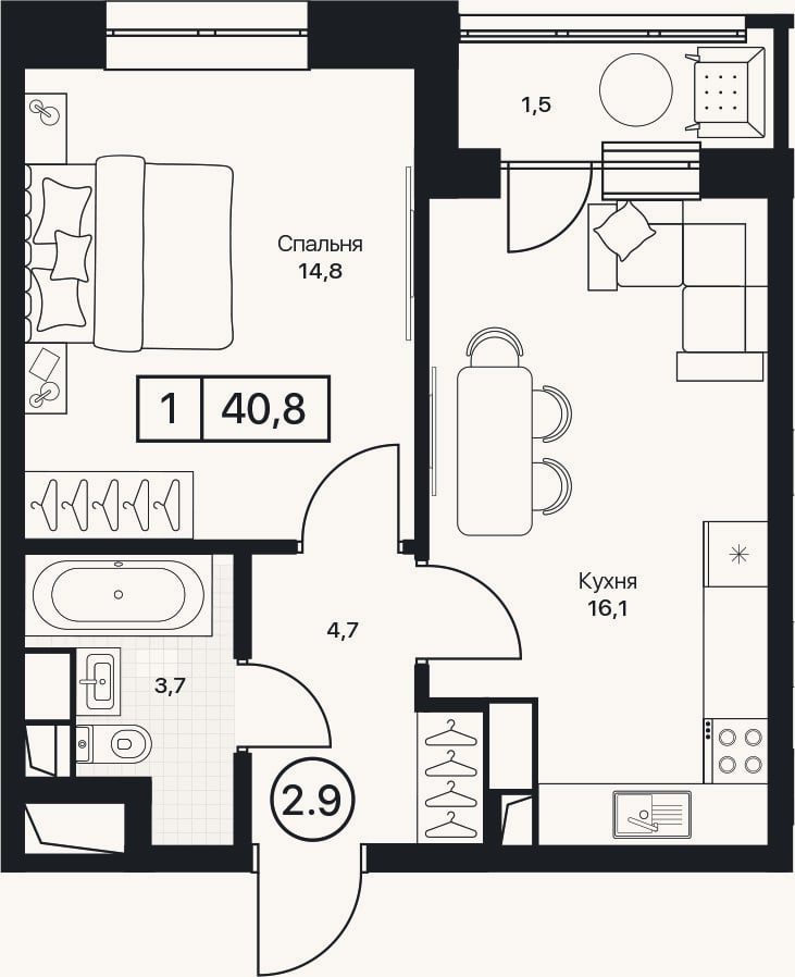 Планировка: 1-к, 39,3 м²