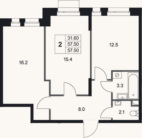 Планировка: 2-к, 57,5 м²