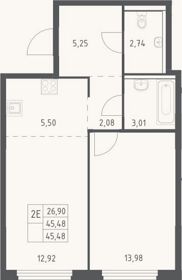Планировка: 2-к, 45,5 м²