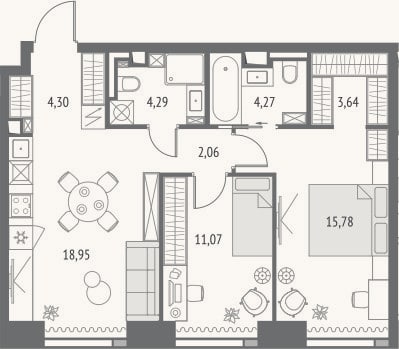 Планировка: 3-к, 64,4 м²