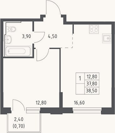 Планировка: 2-к, 37,8 м²