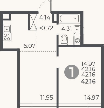 Планировка: 1-к, 42,2 м²