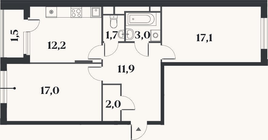 Планировка: 2-к, 64,9 м²