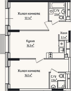 Планировка: 2-к, 53,7 м²