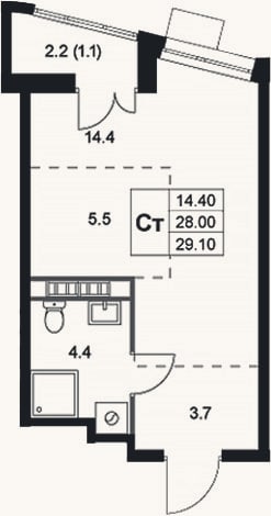 Планировка: Студия, 28 м²