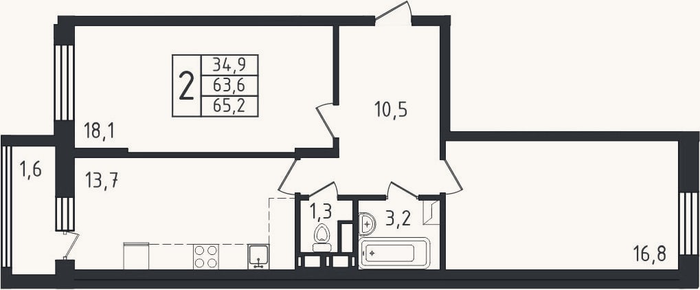 Планировка: 2-к, 63,6 м²
