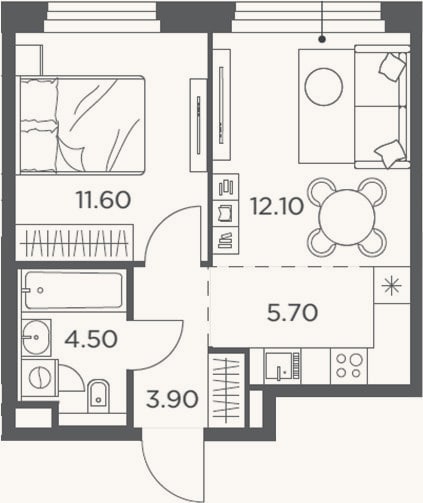 Планировка: 2-к, 37,8 м²