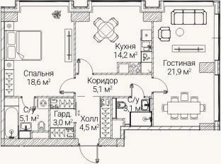 Планировка: 2-к, 75,1 м²