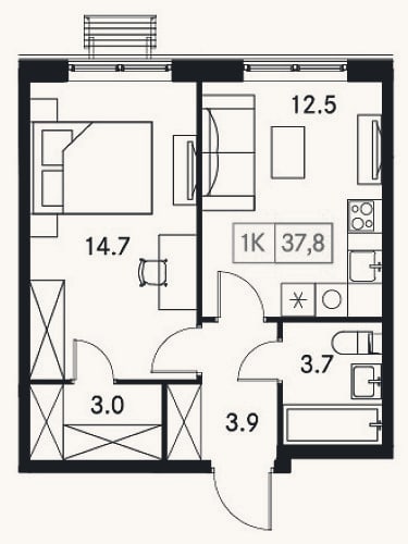 Планировка: 1-к, 37,8 м²