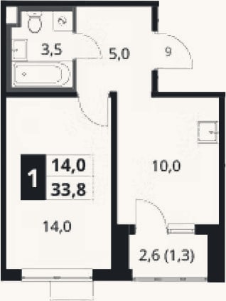 Планировка: 1-к, 32,5 м²