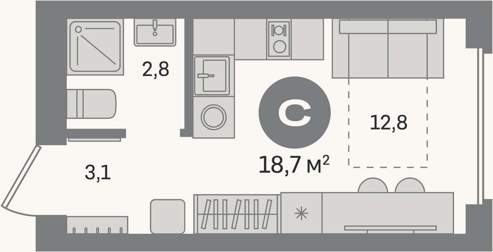 Планировка: Студия, 18,7 м²