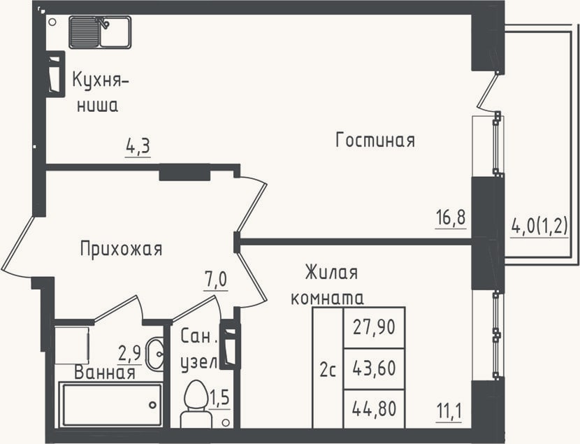 Планировка: 1-к, 43,6 м²
